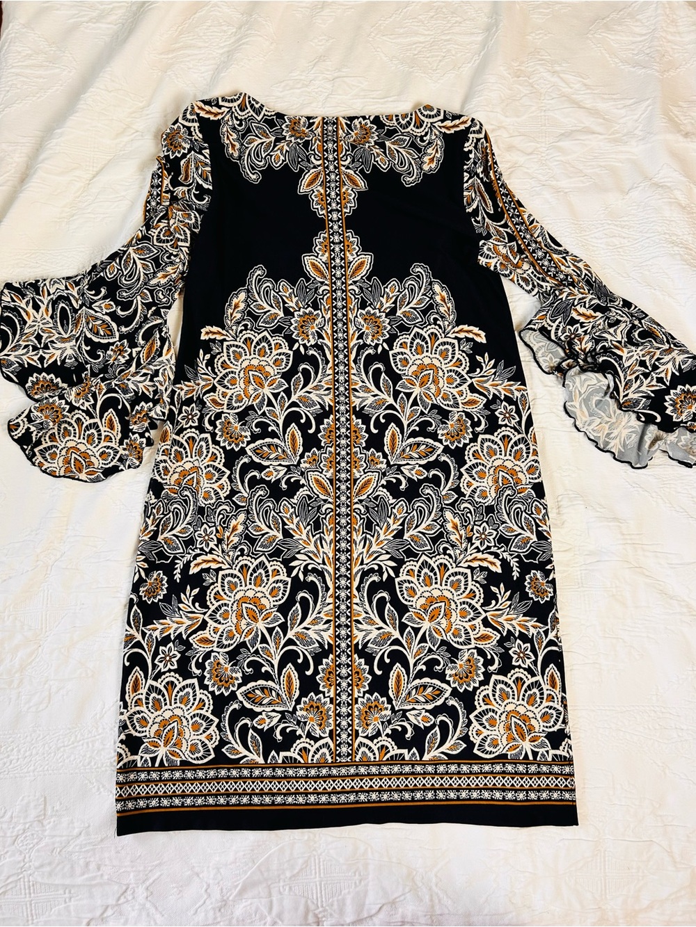 Emma & Michele Black Midi Dress with Gold and White Floral Print